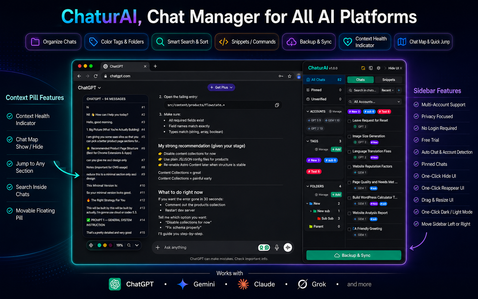 ChaturAI, chat manager for all AI platforms — works with ChatGPT, Gemini, Claude, and Grok